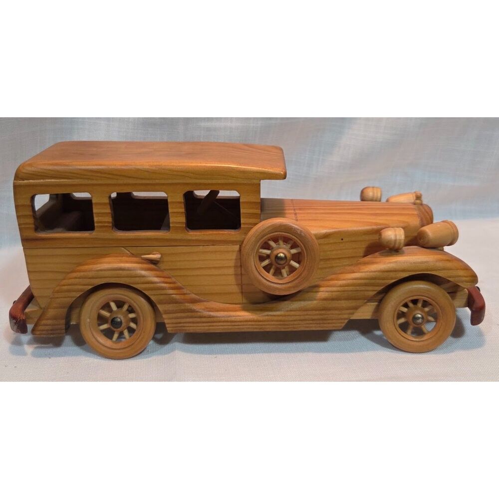 Vintage Handmade Wooden 1930s Classic Sedan Car Model Sculpture 12"